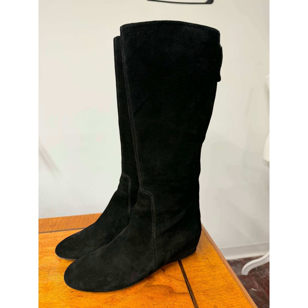 Vtg Nine West Black Suede Tall Knee High Boots Back Zip Hidden Wedge Round Toe